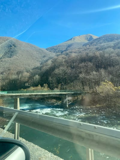 The image depicts a mountainous riverine landscape in Sjerogošte, Montenegro, viewed from inside a vehicle. The foreground shows a gray metal guardrail extending horizontally across the lower frame, with a portion of a vehicle's side mirror visible in the bottom left. Reflections are present on the transparent surface through which the photograph was taken.

In the midground, a turbulent river with light blue and white frothy water flows from left to right, revealing a rocky riverbed. A concrete bridge with a light green metal railing spans the river, supported by two visible concrete pillars. A green rectangular road sign with partially legible white text, "DO JEZERO", is affixed to the left side of the bridge railing. The riverbanks are heavily forested with mostly bare deciduous trees, indicative of late autumn or winter.

The background is dominated by a series of steep mountains covered in similar bare deciduous trees, rising sharply against a clear, bright blue sky. The peak of one mountain on the upper right shows lighter, possibly sparsely vegetated or snow-dusted areas. The scene is illuminated by strong natural sunlight. No individuals or animals are visible.