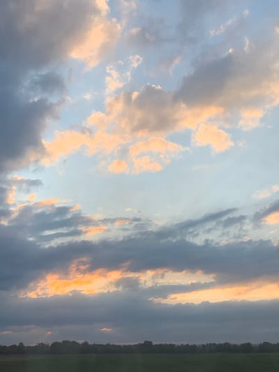 The image depicts an expansive outdoor environmental scene, captured from the vicinity of Bratkivtsi, Ukraine. The majority of the frame is dominated by a sky displaying varied cloud formations under crepuscular lighting conditions, consistent with either sunrise or sunset. Patches of light blue sky are visible between extensive cloud cover. Numerous clouds in the upper and central areas are distinctly illuminated with warm peachy-orange and golden hues. Darker, dense grey and blue-grey cloud formations are also present, particularly towards the left and in horizontal bands across the mid-lower sky, some showing subtle orange highlights. The lowest fifth of the image shows a horizontal strip of natural landscape. This foreground consists of a dark green or brown field, which extends to meet a silhouetted line of trees or dense vegetation forming the distant horizon. No human figures, animals, or specific man-made structures are discernible within the visible scene.