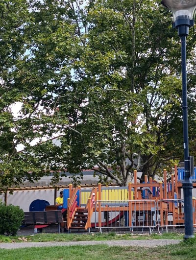 The image depicts a playground area in Parede, Portugal. A large tree with green foliage dominates the upper portion of the frame. In the foreground, there is a playground structure with orange, yellow, and blue elements, including stairs and railings. A dark-colored bench is situated to the left of the playground. A person wearing a yellow shirt and black shorts is seated on the bench, facing away from the camera and looking at a blue structure. A dark lamppost stands to the right of the frame. The ground in front of the playground is covered with grass and a gravel path. The overall setting appears to be an outdoor public space.