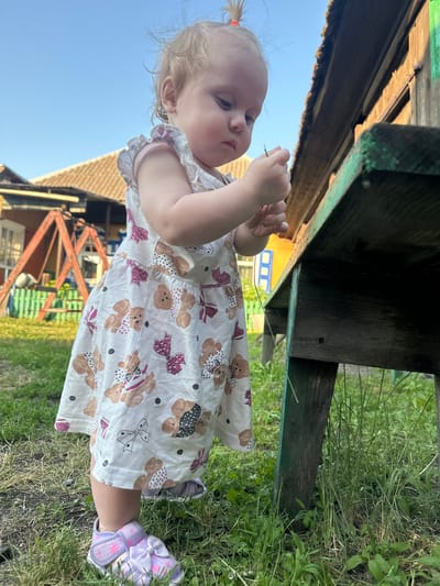 A young child, with blonde hair tied in a small ponytail, stands on grass next to a wooden structure outdoors in Novoyeniseyka, Russia. The child is wearing a white dress adorned with a pattern of teddy bears and pink bows, and purple sandals with bows. The child's right hand holds a thin twig. In the background, a red swing set and a house with a tiled roof are visible. The sky is clear and blue.