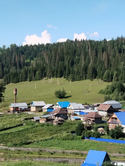 This media file captures a scenic view of a rural village nestled at the base of a dense, coniferous forest. The scene appears to be set in Brish, Russia. The time of day is clearly daytime, with bright sunlight casting shadows and illuminating the verdant landscape. The weather is fair, indicated by the clear blue sky with scattered fluffy white clouds.
The foreground is dominated by several wooden houses with various colored roofs, some made of corrugated metal in shades of blue, gray, and brown. These homes are situated amidst lush green vegetation and smaller trees, with wooden fences delineating property lines and gardens. A water tower stands prominently in the middle ground, a testament to the village's infrastructure. Beyond the houses, a gentle, grassy slope rises towards the forest, dotted with utility poles and wires suggesting the presence of electricity. The forest itself is a vast expanse of dark green conifers, creating a dramatic backdrop against the sky.
There are no people visible in the image, and the activity appears to be a tranquil, everyday scene in a rural settlement. The overall impression is one of peaceful, natural beauty and a simple, rustic way of life. There is no visible text in the image.