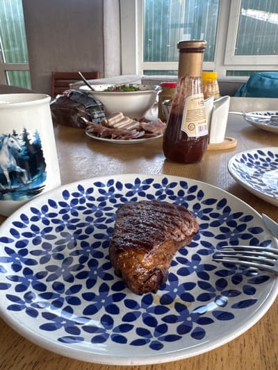 This image captures a tabletop setting prepared for a meal, likely in Ptichnoye, Russia, during daylight hours. No people are visible in the frame.
The central subject is a single portion of browned, cooked meat, possibly steak or roasted pork, resting on a round white ceramic plate. The plate is adorned with a repeating pattern of dark blue floral or stylized petal designs. A silver fork is placed at the top edge of this plate. Another identical plate is partially visible further up the wooden table.
To the left of the main plate, several condiments and side dishes are arranged. A tall, dark brown glass bottle with a golden cap and a beige label is prominent. Text on the label is mostly unreadable, but "BARBEQUE" might be partially discernible, suggesting it's a sauce. Behind it, a yellow squeeze bottle, likely containing mustard or another sauce, is partially seen. Further back, an oval white dish holds several slices of what appears to be bacon or cured deli meat. Adjacent to this, a dark plastic bag contains an unidentifiable food item, possibly bread, and a small white bowl with green salad is also present.
In the lower left foreground, a white mug features a distinct blue and white illustration of white horses in a wintery or forested landscape. The background of the scene reveals a large window with horizontal blinds, through which natural light enters, suggesting it is daytime. The overall impression is that of a casual home meal.
