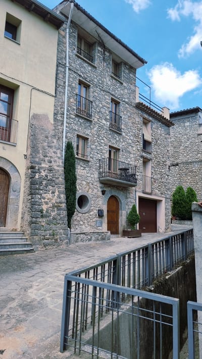 This image captures a side view of an old stone building with multiple windows, some featuring decorative metal grilles. The building appears to be made of rough-hewn stones, with a lighter colored section on the lower left. A dark brown door with a rounded arch is visible, as is a small, circular window. Green bushes are planted near the entrance and a balcony with a metal railing juts out from the upper floor.
To the right of the building, a gray metal staircase with railings ascends alongside a concrete structure. The stairs and the walkway are paved with stone. The sky above is blue with scattered white clouds, suggesting daytime. The scene is likely a residential area in a historic town, possibly in Montagut i Oix, Spain, given the architectural style. There are no people visible in the image. The overall impression is one of aged architecture and a quiet, perhaps rural, setting.