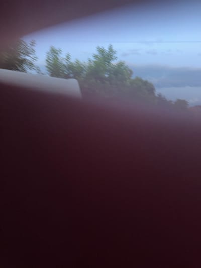 A blurry, handheld, close-up shot shows a dark, reddish-brown foreground, possibly a person's clothing or a surface, taking up the majority of the frame. In the upper portion of the image, a pale blue sky is visible with faint cloud formations. A line of blurred green trees runs horizontally across the middle of the frame, suggesting an outdoor environment. The lighting appears dim, possibly indicating dawn, dusk, or an overcast day. There are no identifiable landmarks or specific details that would allow for precise location within Гожули, Ukraine. The image's blurriness and lack of distinct features make it difficult to ascertain the exact subject matter or context.