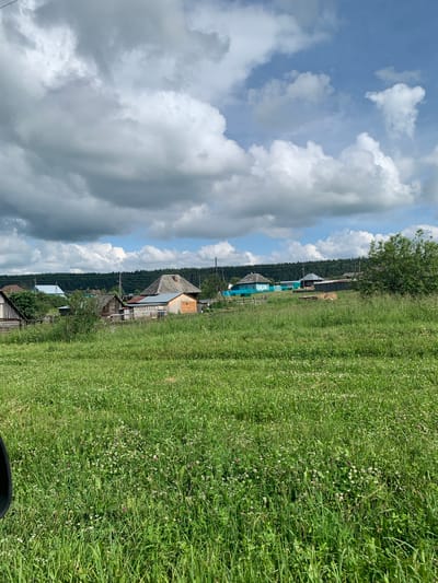 The image depicts a rural village scene in Barsai, Russia, on a cloudy day. In the foreground, a large expanse of green grass, dotted with small white and pink wildflowers, covers a gentle slope. A dark object, possibly part of a vehicle, is visible on the far left edge of the frame. In the mid-ground, a cluster of traditional wooden houses and outbuildings are nestled among trees and vegetation. One prominent house features a light blue siding and a darker roof. Further in the background, a dense, dark green forest forms a horizon line. The sky above is a mixture of bright blue patches and large, dramatic gray clouds.