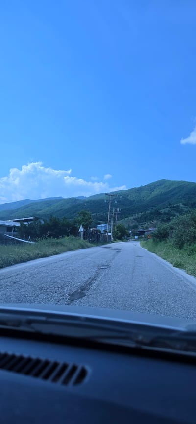 The image captures a static, daytime view of a rural road in the city of Melivoia, Greece, observed from the interior of a vehicle, with the dashboard visible at the bottom edge. A two-lane asphalt road, exhibiting areas of wear and minor potholes, extends forward and curves gently to the right in the distance. The road is bordered on both sides by grassy shoulders and dense green vegetation, including trees and bushes. A series of wooden utility poles with overhead lines runs parallel to the road on both the left and right sides. In the background, multiple layers of verdant, tree-covered hills and mountains are visible. The sky is bright blue, featuring scattered white cumulus clouds, with a more substantial cloud formation present above the left mountainous area. A yellow diamond-shaped road sign, its specific symbol unclear due to distance, is situated on the right side of the road further down. No people or active subjects are discernible in the scene.