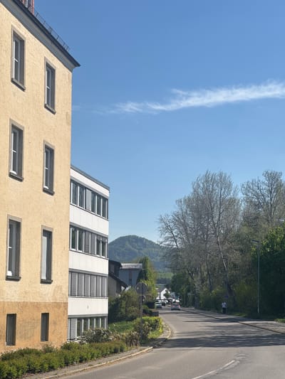 The image displays a sunny, daytime street scene, likely in Balingen, Germany, oriented as if viewed upright. In the immediate foreground, a multi-story building dominates the left and center. Its lower facade is a textured, light yellow-brown, featuring multiple rectangular windows with white frames and dark sills. Above this, the building transitions to a modern, lighter-colored section with rows of vertical windows, some equipped with external Venetian blinds or sunshades.

To the right and extending into the background, a paved asphalt road curves gently. A sidewalk or shoulder bordered by green bushes and trees runs along the left side of the road. Many trees lining the street have bare branches, while others are full of green foliage, suggesting a season like early spring. Further down the road, several cars are parked, and streetlights are visible. One person, dressed in a light top and dark trousers, can be seen walking on the left side of the road.

The background features rolling, tree-covered hills or mountains under a bright, clear blue sky. A single, long, and wispy white contrail or cloud stretches diagonally across the sky. Shadows cast by trees fall across the road, indicating a clear, sunny day. Road signs are present but no legible text is visible. The overall scene depicts a calm, ordinary urban or semi-urban environment.