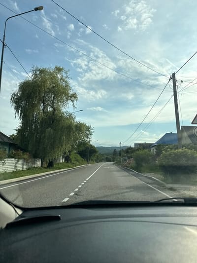 The image depicts a roadside view from a vehicle, likely in Kurinskaya, Russia. The scene is dominated by a paved road with a white dashed line marking the lane, curving to the right. On the left side of the road, there's a grassy embankment with trees and foliage, including a large, weeping willow tree. Further back, houses and buildings with pitched roofs are visible, interspersed with more trees. Overhead, a bright blue sky with scattered white clouds suggests it is daytime, likely late morning or afternoon, with good weather. Power lines with utility poles traverse the sky, adding a man-made element to the natural landscape. A street lamp is also visible on the left. The right side of the image is filled with the interior of the vehicle, specifically a dark-colored dashboard or door panel, partially obscuring the view of the road and its surroundings. No people are visible in the image. The overall impression is a drive through a semi-rural or suburban area on a clear day. There is no discernible text in the image.