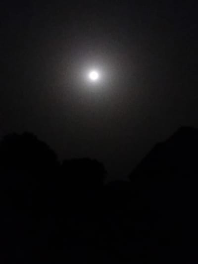 The image shows a night scene in Nata-Ala, Nigeria. A bright, circular light source (likely the moon) is visible in the upper left quadrant of the frame. The rest of the sky appears dark and indistinct. Dominating the right side of the image is a large, dark, blurry silhouette, possibly of a building or trees.