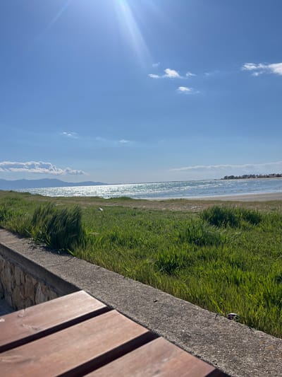 The photograph shows a bright, sunny day in Limenas Avdiron, Greece, near the coast. A clear blue sky with scattered cumulus clouds is visible. The sea is sparkling with sunlight. Lush green grass grows along the shoreline, bordered by a concrete retaining wall. The edge of a wooden bench is present in the foreground. There are no people visible in the image.