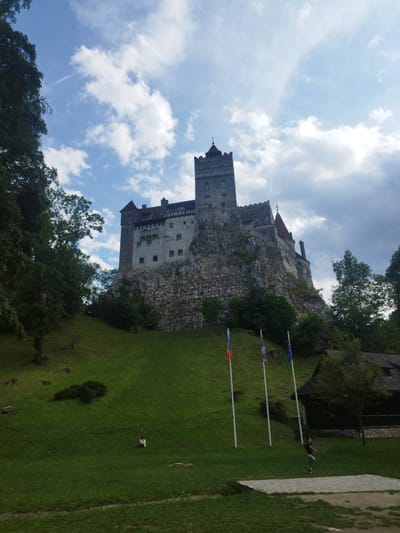 The image depicts Bran Castle, also known as Dracula's Castle, situated on a rocky outcrop in the village of Predeluț, Romania. The castle, constructed of grey stone and featuring red-tiled roofs, dominates the landscape, perched high above a verdant, grassy slope. In the foreground, several flags on tall poles stand erect, with one person in athletic attire in motion on a stone pathway. A lone individual is seated on the grass in the middle ground, further down the slope. The scene is set under a sky with scattered clouds, with dense trees flanking the castle and the foreground.