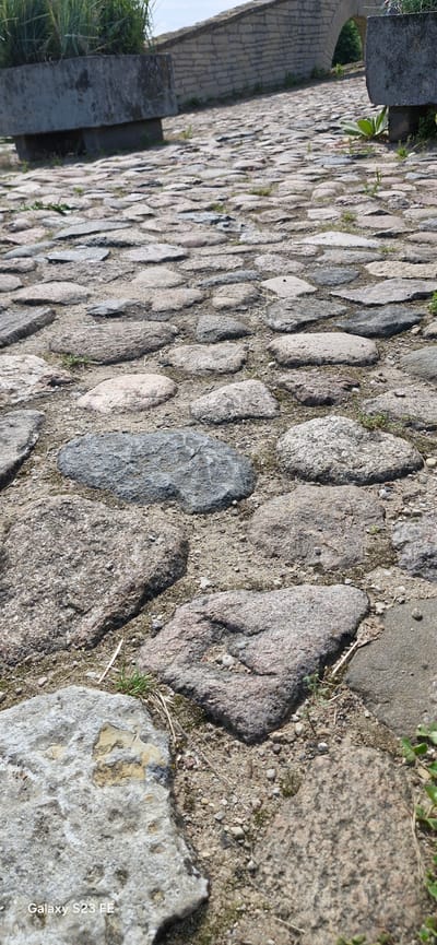 The image shows a close-up, low-angle view of a cobblestone path. The cobblestones are irregular in shape and size, with a rough texture, and are laid in sand or gravel. Some small green plants and blades of grass are growing between the stones. In the background, a stone wall with an arched opening is visible, suggesting a bridge or an old structure. To the left, a large, rough-hewn stone planter with tall green grass is present. The lighting suggests it is daytime, with sunlight casting shadows. The location is identified as Pakruojis, Lithuania, likely a historical or park area with a well-maintained path. There are no people or animals visible in the image. The overall impression is one of rustic historical architecture and landscape.