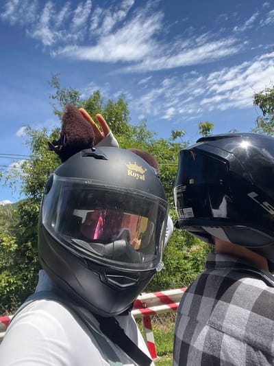 In this outdoor, eye-level, medium shot, two individuals wearing motorcycle helmets are positioned in the foreground against a backdrop of lush green trees and a bright blue sky dotted with wispy white clouds. The person on the left is wearing a black helmet adorned with brown, fuzzy "cat ear" attachments and a gold crown logo. Their face is obscured by a reflective, tinted visor. A hand with fingers raised in a peace sign is visible above the helmet. This individual is wearing a white collared shirt and a green strap across their chest. The person on the right is wearing a black helmet with "LS2" branding. Their face is also obscured. This individual is wearing a black and white plaid collared shirt. A red and white striped guardrail is visible between the two individuals and the natural scenery. The overall impression is that of two people enjoying a scenic motorcycle ride on a sunny day. The presence of tropical vegetation suggests a location within Vietnam, possibly along a route in the vicinity of Hàm Thuận Bắc.