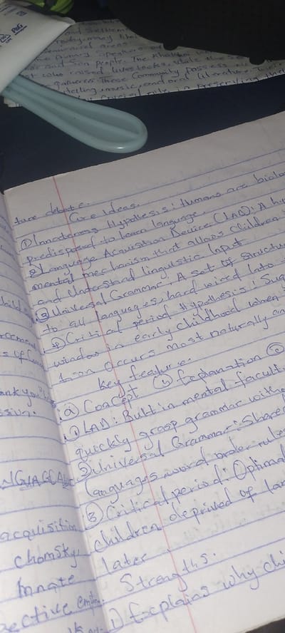 The image displays a handwritten notebook with blue ink on lined paper, suggesting a study or note-taking session. The content appears to be academic, possibly related to linguistics or language acquisition, with terms like "Hypothesis," "Language," "Grammar," and "children" visible. There are numbered and bulleted points, indicating a structured presentation of ideas. The paper is slightly crinkled and shows some wear. A pale blue plastic object, possibly a ruler or a stationery item, is partially visible in the foreground, casting a shadow on the notebook. The background is dark and out of focus, hinting at indoor lighting conditions. The provided context about Uselu, Nigeria, is not directly observable in the image itself.