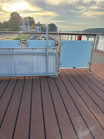 The image depicts a section of a deck or walkway, likely on a vessel or elevated structure, with a textured brown surface marked by dark parallel lines. In the foreground, a metal railing and a grated metal panel are visible, possibly part of a gate or access point. To the right, a light blue panel is also part of a barrier. In the background, a body of water stretches towards a tree-lined horizon under a cloudy sky with the sun breaking through. A white structure with flags, one of which is the German flag, is situated further in the distance. The setting appears to be outdoors, with natural light indicating it is daytime. The location is identified as Rüdesheim, Germany.