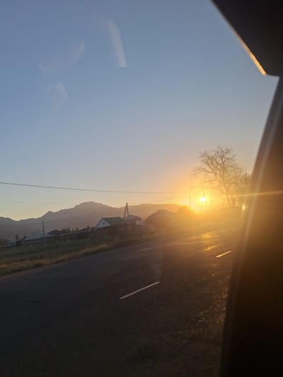 The image depicts a rural scene in Iskra, Kyrgyzstan, during what appears to be sunrise or sunset. The foreground shows a dark asphalt road with faint white lane markings. To the left of the road, there is a grassy verge with some vegetation and a fence line. Beyond the fence, several houses with sloped roofs are visible, along with some trees. In the background, a mountain range is silhouetted against the bright sky. The sun is low on the horizon, casting a warm golden light across the scene and creating lens flares. A bare tree with intricate branches is prominently featured on the right side, partially obscuring the sun. The sky is a gradient of pale blue to pale yellow near the horizon, with faint clouds visible. The right edge of the frame shows a dark, reflective surface, possibly a car window, with a thin line of bright light along its edge.