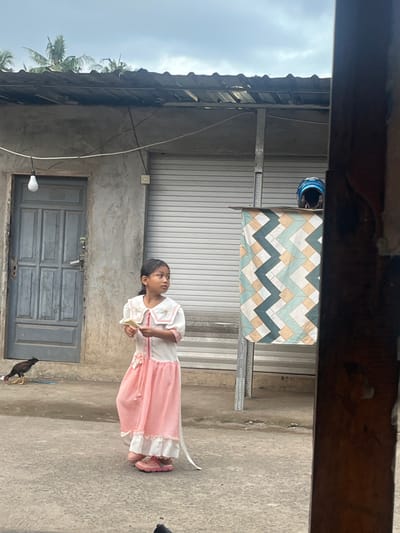 The scene is set in Desa Batu Layar, Indonesia, under an overcast sky. A young girl stands in the center-left foreground, facing right with a slight upward gaze. She wears a white top with a wide, embroidered collar and a long, pink patterned skirt with a white ruffle at the hem. Pink sandals are visible on her feet. She holds a light-colored, rectangular object in her right hand, and a white ribbon or strip of fabric hangs from her right side.
To her left, near a weathered grey wooden door, a dark-feathered chicken with yellow-orange legs pecks at the uneven grey ground. The door is set into a distressed concrete or stucco wall. Above the door, a bare white light bulb hangs from a wire, with an electrical outlet to its right. To the right of the child, a closed grey metal roller shutter covers a building opening.
Above the wall and shutter, a corrugated metal roof is visible, supported by metal poles. On a surface to the right of the roller shutter, a blue and silver full-face motorcycle helmet rests. Below it, a fabric panel with a geometric zig-zag pattern in light blue, beige, and dark blue is draped on a vertical support. Portions of palm trees are visible against the sky above the roofline. The far right of the image is partially obscured by a dark wooden beam or post.