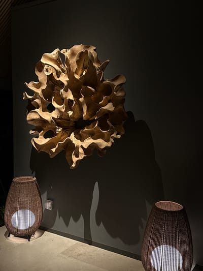 The image depicts an interior scene with a dark gray wall as the backdrop. Mounted on the wall, slightly off-center to the left, is a large, intricate, organic-shaped sculpture made of light-colored wood. The sculpture has a complex, multi-layered structure with many openings and curves, illuminated by warm light that casts a dramatic shadow on the wall behind it.

In the foreground, on a light-colored stone floor, are two woven basket-like floor lamps. The lamp on the left is closer to the viewer and is more fully visible. The lamp on the right is positioned further to the right and is partially cut off by the frame. Both lamps are egg-shaped, with a textured wicker exterior and a light source inside that emits a soft, diffused white glow. The lamp on the left also has a noticeable shadow projected onto the wall. A small, clear plastic electrical outlet is visible on the wall between the sculpture and the left lamp. The ceiling, visible in the upper left corner, appears to be made of dark wooden slats. The overall ambiance is one of modern, ambient lighting and natural, artistic decor.

The location is specified as Unknown, Maldives.