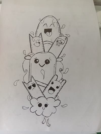 This is a black and white line drawing on paper, featuring a vertical arrangement of cartoonish creatures. The creatures have simple shapes, round eyes, and expressive mouths, some with stitch-like details on their edges suggesting they are fabric creations.

At the top, a large, oval-shaped creature with a wide, open mouth and a protruding tongue appears to be laughing or exclaiming. Below it, several smaller, finger-like characters are stacked. One on the left has a rectangular head with a stitched mouth and happy eyes. To its right, another finger-like character has a simpler face with wide eyes and a small smile. A third finger-like character, positioned slightly above and behind the others, appears to wear a bow tie and has a small, detailed face, possibly representing a character with a hat or hair.

The central figure is a larger, rounded creature with prominent, dark eyes and a gentle smile. Below this central figure, two more finger-like characters are positioned. One on the left wears sunglasses and has a somewhat stern expression, while the one on the right has an open, surprised mouth.

At the bottom of the composition, a cloud-like creature with two dark eyes and a small mouth rests on what appears to be a fluffy base with small, dangling feet. Scattered around the characters are small, tear-drop or flame-like shapes, suggesting movement, perhaps of air or energy. The drawing style is reminiscent of doodles, with an emphasis on character expression. There is no visible text. The context of Langenthal, Switzerland is not reflected in the drawing itself.