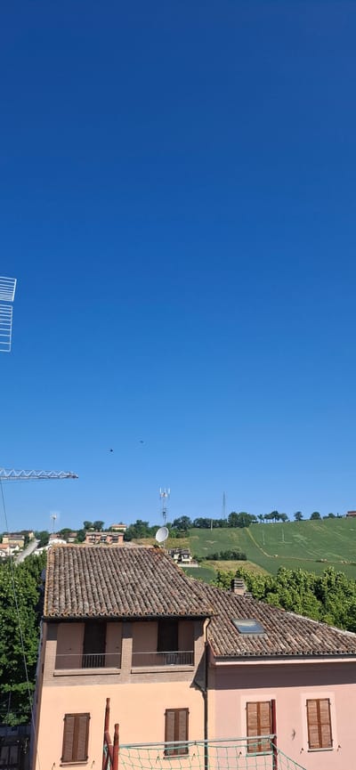 The image depicts a bright, clear blue sky over a rural landscape. In the foreground, the tiled roof of a building is visible, with parts of a light pink and orange-colored building with wooden shutters. Adjacent to the roof, a green safety net is strung up.

In the mid-ground, several communication towers and a satellite dish are situated amidst lush green trees. Beyond that, a vibrant green field stretches out, with a line of trees bordering its far edge. In the background, more buildings and trees are scattered across the terrain. Two birds are visible in flight against the blue sky.

The scene appears to be set during the daytime, indicated by the clear sky and strong sunlight casting shadows. The overall impression is one of a peaceful rural environment, possibly in Castelraimondo, Italy, given the architectural style and the presence of fields. No text is visible in the image.