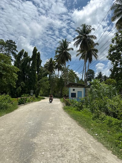 The image depicts a rural road in Loboc, Philippines, with lush green vegetation and tall palm trees lining both sides. The road surface is unpaved and appears to be made of dirt and gravel. In the distance, a person is riding a motorcycle, heading away from the viewer. On the right side of the road, there is a small, blue and white building. The sky above is partly cloudy with scattered white clouds against a bright blue background. Electrical wires are visible, strung between poles, stretching across the scene. The overall impression is one of a serene, tropical landscape.