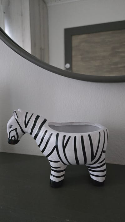 A decorative zebra-shaped planter, painted white with black stripes, sits on a dark surface. The planter is positioned in the foreground, facing left. Behind it, a textured white wall is visible, and a portion of a round mirror with a dark frame reflects a framed picture on the wall. The scene appears to be indoors, possibly in Agía Marína, Greece.