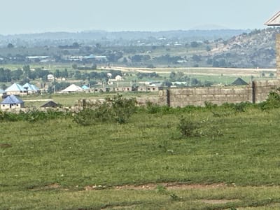 This is a medium-shot, eye-level, horizontal photograph taken outdoors. The foreground is dominated by a grassy field, suggesting a natural or undeveloped area. In the middle ground, a low stone wall separates the grassy area from a collection of buildings. These buildings appear to be in various stages of construction, with some having finished roofs and others appearing to be shells. One building has a light blue roof, while others have white or light-colored roofs. The architecture suggests a residential or community development. Beyond the buildings, the landscape transitions to rolling hills covered in vegetation and scattered trees. In the background, a hazy, mountainous terrain stretches across the horizon under a pale sky, indicating a somewhat distant view. The overall lighting suggests it is daytime, likely mid-morning or afternoon, with diffused sunlight and a slightly overcast or hazy atmosphere. The scene appears to be a rural or semi-urban setting in Gidan Waziri, Nigeria, characterized by ongoing development amidst a natural landscape. No people or specific activities are visible, and there is no visible text.