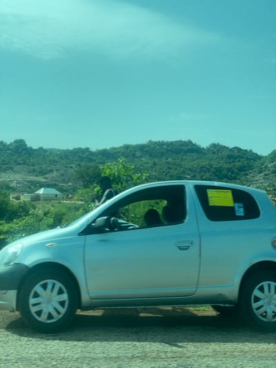 The image shows a silver vehicle parked on the side of a road. The vehicle is oriented vertically, suggesting the original photo was taken sideways or the image has been rotated. The car appears to be a hatchback or small SUV. A yellow sticker is visible on the rear window of the car, and some text is present on it. The background consists of a lush green, mountainous landscape with trees and vegetation covering the slopes. There are a couple of small buildings visible nestled within the landscape. The sky is a clear, light blue, indicating daytime. The road surface appears to be paved and textured. The image conveys a sense of a journey or a stop in a scenic, possibly rural, area of Nigeria, specifically Rinjim Gani. The lighting suggests it is daytime, likely late morning or afternoon due to the clear sky and shadows.