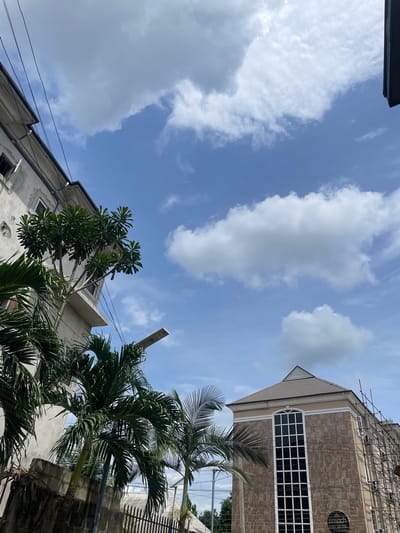 The image presents an upward-looking view (worm's-eye perspective) of an urban or suburban scene in Alozo, Nigeria, dominated by the sky, buildings, and tropical foliage.

The upper portion of the frame features a bright blue sky dotted with scattered white cumulus clouds of varying sizes and densities, indicating a clear and sunny day.

Two main buildings are visible. On the right, a multi-story building, possibly a hotel, features a patterned, tile-like roof and a facade primarily covered in light brown and dark brown textured panels. A prominent large window with a white grid pattern occupies a significant part of its side. Scaffolding is partially visible at the top of this building, suggesting ongoing construction or renovation. A circular sign on its facade clearly reads "ELIZABETH EMIRATES HOTELS".

On the left and bottom left, another building with a light-colored, possibly stucco or painted concrete finish, shows some signs of wear. Its architectural style includes flat rooflines and visible utility pipes running along its exterior. A lush, leafy tree with broad leaves is positioned in front of this building.

Several palm trees with dense fronds are prominent in the foreground and midground, particularly on the right side, partially obscuring the buildings. Power lines are seen crisscrossing the sky, connecting to poles that are mostly out of frame. A street light with a rectangular solar panel-like top is visible on the right, extending upwards near the palm trees. Near the base of the palm trees, some text on a dark surface can be partially deciphered as "...IRATES HOTELS PROPERTY".

The overall impression is a daytime scene under good weather conditions, likely warm given the tropical vegetation.