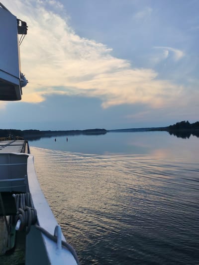 The image captures a serene water scene, likely a river or lake, viewed from the deck of a vessel. The water is calm, with gentle ripples reflecting the soft hues of the twilight sky. The sky itself is a canvas of pale blues and yellows, with wispy clouds suggesting the transition from day to night.
In the distance, a tree-lined shore creates a dark, silhouetted horizon, broken only by the subtle reflection of the sky on the water's surface. Two buoys, one red and one orange, are visible in the middle of the waterway, indicating a marked channel or hazard.
The foreground is dominated by the side of the vessel, its white railing and deck structures leading the eye into the scene. A thick rope, coiled neatly and secured with a knot, is visible on the railing, suggesting the working nature of the ship. The vessel appears to be in motion, as indicated by the wake trailing behind it.
The overall atmosphere is peaceful and tranquil, characteristic of a calm evening on the water. Without additional information or landmarks, it is impossible to definitively pinpoint the exact location within Ul'yanovo, Russia. However, the presence of a waterway and a vessel suggests a location along the Volga River, which flows through the city and is a significant transportation artery.