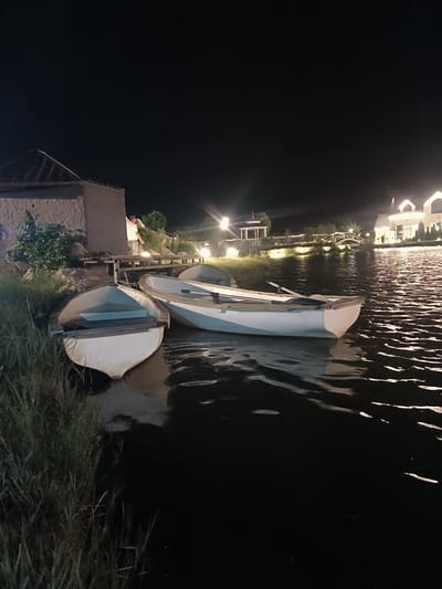 Two white rowboats are moored on the shore of a body of water at night. The boats are adjacent to each other, with one slightly in front of the other. The water reflects the lights from the surrounding area. In the background, a person in a white shirt is standing on a wooden dock attached to a building with a textured grey facade. Further in the distance, there are illuminated buildings, a bridge, and a gazebo, suggesting a resort or recreational area. The overall scene is dimly lit, with the night sky dominating the upper portion of the image. This location is identified as Tserovani, Georgia.