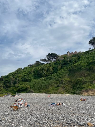 This media file shows a scene on a rocky beach, likely during the day, under a cloudy sky. The terrain slopes upwards from the beach to a densely vegetated hillside. A few people are scattered across the beach, some lying down or sitting. One person is wearing a swimsuit and lying on their stomach. Another group of people are sitting together, one of whom is wearing a white top and shorts. There is also a dog with brown fur visible on the beach. In the background, a building or structure with a distinctive roofline is partially visible amidst the greenery on the hillside. The overall atmosphere appears relaxed, suggesting a leisurely day at the beach. The location is identified as Hautot-sur-Mer, France.