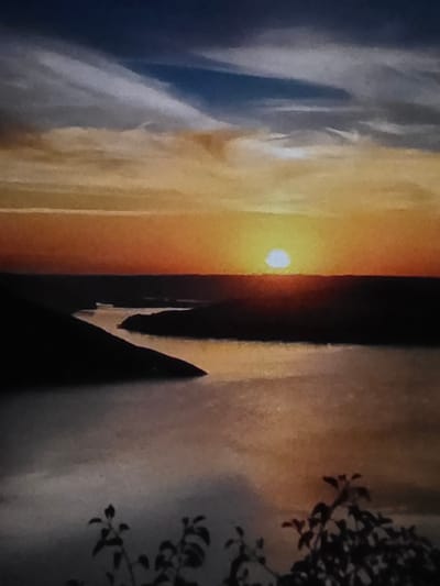 This is a photograph of a sunset over a body of water, likely a river or lake, with silhouetted landforms in the foreground. The sky is a gradient of orange, yellow, and blue, with clouds present. The water reflects the colors of the sky. In the lower part of the image, the dark silhouettes of branches and leaves of a plant are visible against the water. The scene depicts a natural landscape, possibly at dusk. This image is not sufficient to determine a specific location within the city of Dubno, Ukraine, as it lacks any identifiable landmarks or context.