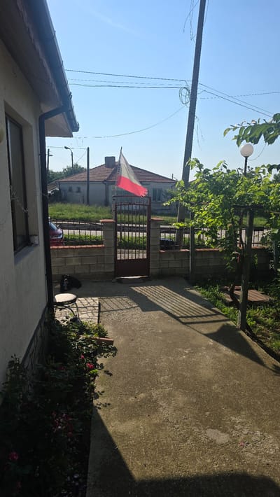 This image presents an outdoor residential scene in Rudnik, Bulgaria, captured on a sunny day under a clear blue sky, evidenced by bright illumination and strong, defined shadows.
On the left, a portion of a light-colored building, likely a house, is visible, featuring a brown gutter system along the roofline and a downspout. A window with a visible frame is present on the facade. At the base of the building, a small black dog is observed resting on the ground, adjacent to a dark metal stool with a light-colored, round top. Below the window and beside the dog, a bed of green foliage with multiple red and pink flowers, possibly roses, grows in a shaded area.
A concrete pathway extends from the foreground into the midground. It is marked by prominent, angular shadows cast from the gate and fence structure to the right. A closed dark red metal gate, flanked by brick pillars and a low brick wall topped with a metal fence, stands centered in the frame. Directly above and slightly behind the gate, a horizontally striped flag, white over red, is hanging; its lower red section appears frayed or tattered. This configuration is consistent with the national flag of Poland. To the right of the gate, a leafy deciduous plant, possibly a grapevine, is trained on a slender wooden support structure. A spherical outdoor light fixture is partially visible on the far right, above this plant.
In the background, beyond the gate and fence, a street or unpaved road is visible. A red vehicle is partially discernible behind the fence to the left of the gate. Across the road, several residential buildings with distinct reddish-brown tiled roofs and light-colored facades are situated amidst patches of overgrown grass and weeds. A tall utility pole with multiple overhead wires, including a tightly coiled bundle of wires, rises prominently on the right side of the frame, silhouetted against the cloudless blue sky.