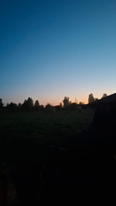 The image shows a landscape at dusk or dawn, possibly in or near Шешурга, Russia. The sky transitions from a deep blue to a lighter orange/yellow near the horizon. Silhouetted trees and vegetation are visible along the horizon line. The right side of the image is dominated by darkness, obscuring details but potentially indicating a building or dense foliage. A single, bright point of light, likely a star or planet, is visible in the blue portion of the sky. There are no people visible in the frame.