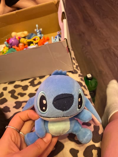 A light blue, plush toy resembling the character Stitch is being held in a person's hands. The toy has large black eyes with pink accents, a dark blue nose, and floppy ears. A silver ring with a small gem is visible on the person's left ring finger, and another plain silver ring is on their middle finger. In the background, a cardboard box filled with various colorful toys is visible. The box is placed on a surface with a leopard print pattern. To the right of the box, a green bottle and a person's lower leg wearing a white sock are visible. The floor appears to be made of dark wood. The scene is likely an indoor setting, possibly a home, in the city of Vaganovo, Russia.