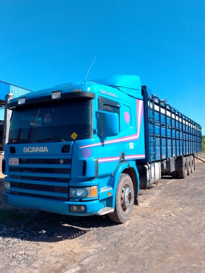 The image shows a blue Scania truck with a cage-like trailer parked on a dirt surface. The truck has pink accents and a Paraguay license plate "BKK 999". The sky is clear and blue. The location appears to be an industrial area in Villa Hayes, Paraguay, indicated by a metal building visible in the background. No people are visible.