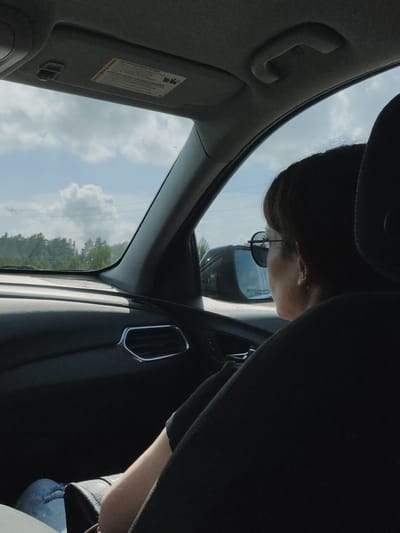 The image depicts the interior of a car looking out the passenger side window on a sunny day. A person, viewed from the side and slightly from behind, is wearing sunglasses and a black shirt. The person is in the passenger seat, with their arm resting on what appears to be a purse. Outside the window, a line of trees is visible against a sky with scattered clouds. The dashboard of the car, including an air vent, is also in view. The scene does not provide any specific visual cues to determine the location of Dokshitsy, Russia.