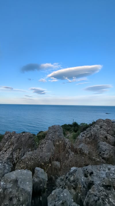 A scenic view captures the vast expanse of the sea under a clear blue sky dotted with wispy clouds. The foreground is dominated by a rugged, rocky terrain, with large stones and dry vegetation creating a textured landscape. Beyond the rocks, the calm, blue sea stretches towards the horizon, meeting the sky in a soft blend. A line of green trees and foliage can be seen along the coastline, hinting at the presence of land. The overall atmosphere is serene and natural, evoking a sense of tranquility. The image does not depict any people or actions.