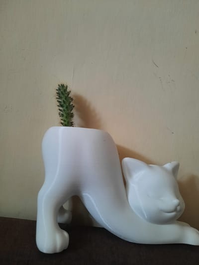 A white ceramic planter, shaped like a reclining cat, holds a small green cactus. The planter is placed on a dark brown surface against a plain, light-yellow wall. The cat's head is turned to the right, with closed eyes and a subtle smile. Its body is stretched out, with its hind legs tucked underneath and its front paws extended forward. The cactus, positioned in the cat's back, is narrow and spiky. The scene appears to be indoors, possibly on a table or shelf. The lighting suggests ambient room light, casting a soft shadow behind the planter on the wall. There is no visible indication of the city of Blagodarny, Russia, in this image.