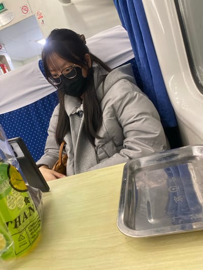 The image depicts the interior of a passenger train car, identified as being in Huludao City, China. A female individual is seated on the left, facing downwards towards a dark-colored smartphone positioned upright in a case on a light-colored table. She has long, dark hair secured with a brown claw clip, wears glasses with dark frames, and a black facial mask. Her attire includes a light grey puffer jacket worn over a grey hooded garment or layered top. A small brown handbag or pouch is visible on her lap/side. Her right hand rests on the table near the smartphone. On the table, to the left of the phone, a partially visible light green plastic package displays "THANK" and Chinese characters. To the right, an empty rectangular metallic tray with faint Chinese characters is present. The train interior features blue patterned seats with white headrest covers. A white-framed window with a blue curtain is visible on the far right. Overhead, a red "No Smoking" sign with Chinese text and the number "35818" is affixed to a white panel, alongside a partially visible red fire extinguisher.