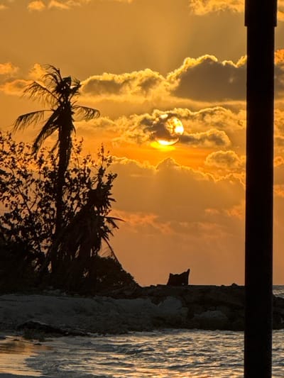 The image captures a sunset in what appears to be a tropical location, possibly Himmafushi, Maldives. The sun is partially obscured by clouds, casting an orange glow across the sky. A silhouette of a palm tree and other foliage is visible in the foreground. A dark, possibly metallic bar is present across the top of the frame, acting as a foreground element. A structure with a textured, gray-toned surface is on the right side of the frame, possibly a building or wall. The overall atmosphere is warm and serene due to the colors of the sunset.