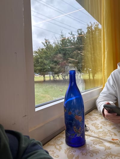 The image depicts an indoor scene in Anzola dell'Emilia, Italy, looking outwards through a window on an overcast day.
**Indoor Environment:**
A white window frame occupies the left and bottom portions of the view. On the right, a yellow curtain is visible. A surface, likely a table or wide window sill, covered with a gold and white patterned cloth, extends across the lower part of the frame.
* **Objects:** A tall, slender, dark blue glass bottle with a decorative label featuring floral and bird motifs and the text "Firma STILL" is centrally positioned on the patterned surface. To the right of the bottle, a set of keys with a black fob is present.
* **People:** On the right side, the right arm and hands of an individual wearing a white long-sleeved garment are visible, holding a dark-colored smartphone. On the far left, a partial view of a second individual's left arm and shoulder, dressed in a dark green and blue garment, is seen.
**Outdoor Environment (Viewed through Window):**
The window reveals an outdoor area under a light grey, overcast sky.
* **Landscape:** A green, grassy area extends from the base of the window into the mid-ground. Beyond the grass, a cluster of deciduous trees with green foliage forms a dense line.
* **Infrastructure:** Faint horizontal lines, consistent with overhead power lines, are visible across the sky and through the upper parts of the tree line. In the distance behind the trees, vague outlines suggestive of a road or distant structures are discernible.