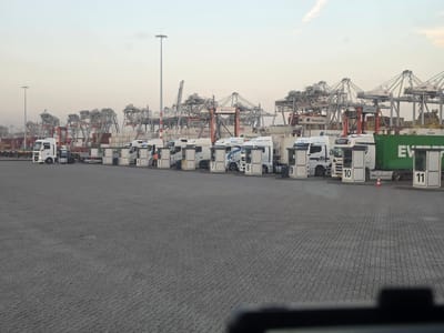 This is a medium shot, eye-level, full-frame photograph of a row of parked trucks at a port facility. The trucks are lined up in a paved area, with large container cranes visible in the background. The sky is clear and pale, suggesting either early morning or late evening.

The subjects are primarily trucks, with some cabs of the trucks visible and others partially obscured by the ones in front. The trucks are of various models and colors, mostly white, and appear to be waiting for their next task. Some trucks have company logos and text on them, including "Hapag-Lloyd," "Euro-Rijs," "LEENDERS TRANSPORT," "SCANIA," and "CMA CGM." Several trucks have numbered bays, ranging from 5 to 11.

The scene is a busy port, likely Maasvlakte in Rotterdam, given the presence of numerous container cranes and shipping company names. The paved ground is made of interlocking bricks. There is a manhole cover visible in the foreground. No people are clearly visible, but it's implied that port workers are operating the facility. The overall mood is one of industrial activity and preparation. The lighting suggests a calm, possibly overcast or hazy, weather condition.