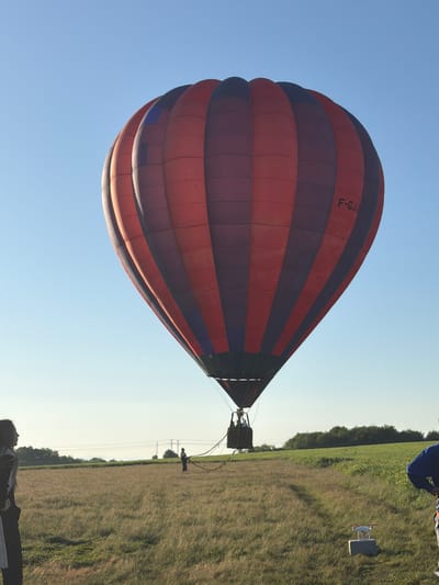 The image depicts a hot air balloon, predominantly red and purple, ascending against a clear, blue sky. The balloon's basket is visible beneath it. To the right of the balloon, the ground is covered in grass and vegetation, with some trees visible in the background. The image is oriented sideways, suggesting it may have been taken with a mobile device. No evidence indicates this picture was taken in Dragovishtitsa, Bulgaria.