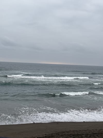 The image depicts a serene ocean scene on a cloudy day. The foreground shows a dark sand beach with a few small birds scattered near the water's edge. Gentle waves with white foam are breaking on the shore, and further out, the sea appears dark and choppy with multiple lines of waves. The horizon is a flat line where the sea meets a heavily overcast sky. There are no visible buildings or human figures. The location is identified as San Antonio, Peru.