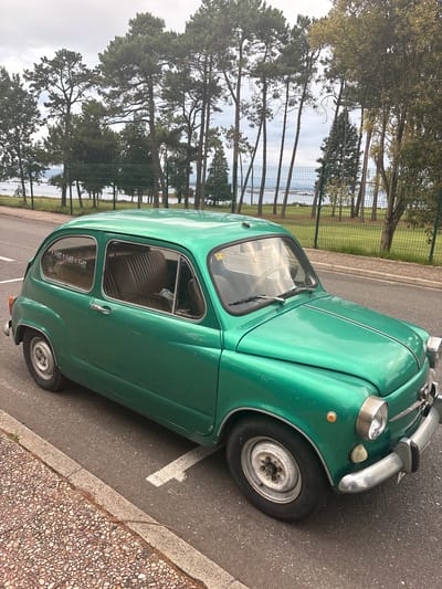 A vintage green Fiat 600 car is parked on the side of a road on the Illa Da Toxa, Spain. The car is positioned at an angle, facing towards the right of the frame, with its front end slightly elevated. The car's interior, including brown leather seats, is visible through the windows. Behind the car, a line of tall, slender pine trees forms a dense backdrop, with a metal fence running horizontally along the edge of the road. Beyond the trees, a body of water, likely the sea, is visible under a cloudy sky. The road is paved with asphalt, and the sidewalk on the left is made of small, mixed-colored pebbles. A white parking line is painted on the road surface.