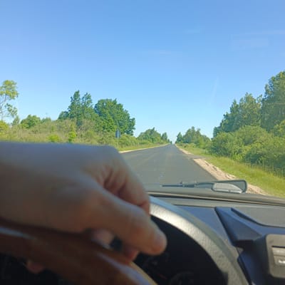 The image is taken from the perspective of a driver inside a vehicle, looking forward through the windshield. A hand is visible on the steering wheel, gripping it with fingers curled. The road ahead is asphalt and appears to be a rural route, curving slightly to the left and disappearing into the distance. The roadside is lined with lush green trees and bushes. The sky is a clear, bright blue. The dashboard of the car is partially visible in the foreground, including a windshield wiper visible through the glass and part of the instrument cluster. There are no other people or buildings visible in the frame. The environment suggests a sunny day in a natural, possibly forested, setting.