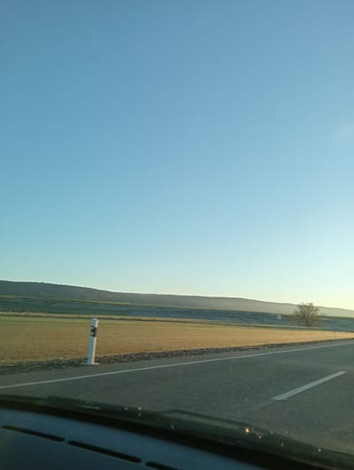The image depicts a rural highway scene, observed from the interior of a vehicle, purportedly located in or near La Torre, Spain. The lower foreground presents the dark, upper edge of a vehicle's dashboard or interior panel. An asphalt road occupies the lower-mid ground, extending diagonally from the lower-left to the upper-right of the frame. It features a continuous white line marking the right shoulder and a dashed white line indicating a lane division. To the left of the road, a narrow gravel shoulder abuts a flat agricultural field, characterized by a light brown and yellow hue, suggesting dry or dormant vegetation. A white and black roadside delineator post stands vertically on this left shoulder. Further into the mid-ground, a dark green and brown vegetated hillside stretches across the horizon. A single, leafless tree is visible on the right side of the frame, positioned between the road and the distant hillside. The upper two-thirds of the image consist of a clear, pale blue sky, displaying a slight brightening near the horizon indicative of low-angle sunlight. No individuals or active interactions are visible within the frame.