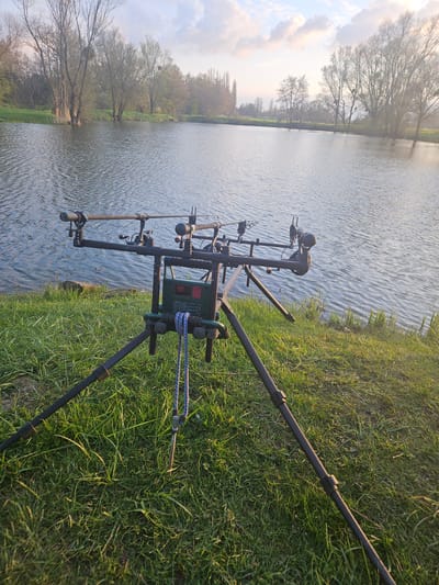 The image shows a fishing rod pod set up on a grassy bank next to a body of water, likely a lake or pond. The pod is holding multiple fishing rods. In the background is a line of trees and a body of water, possibly a lake or a pond. The image was most likely taken at Gavisse, France, based on the location information provided.